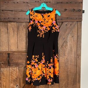 Black Floral Fit-and-Flare Dress with Orange Accents